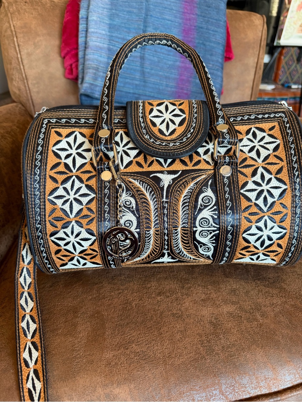 Embroidered Patterned Tote Bag in Black, Tan & White